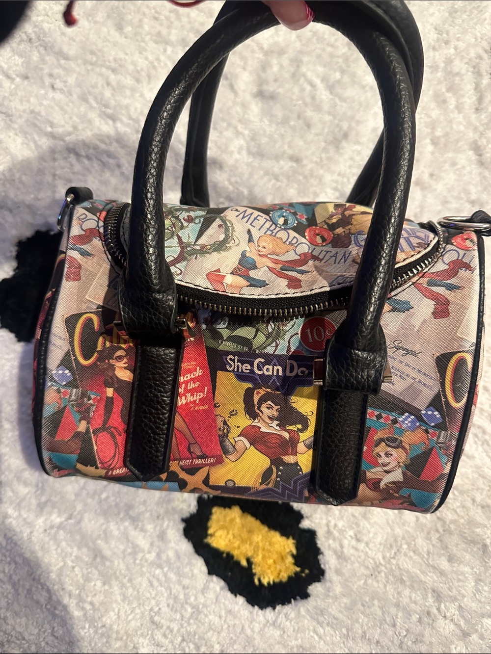 Graphic Retro Comic Print Satchel Handbag - Black Trim